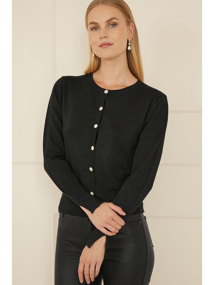 Yumi Black Metallic Knit Cardigan With Pearl Button Details - Image 1 of 5