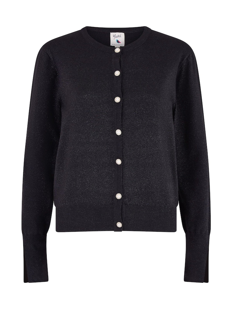 Yumi Black Metallic Knit Cardigan With Pearl Button Details - Image 5 of 5