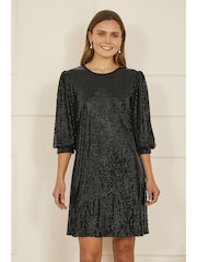 Yumi Black Sequin Tunic Dress With Balloon Sleeves - Image 1 of 4