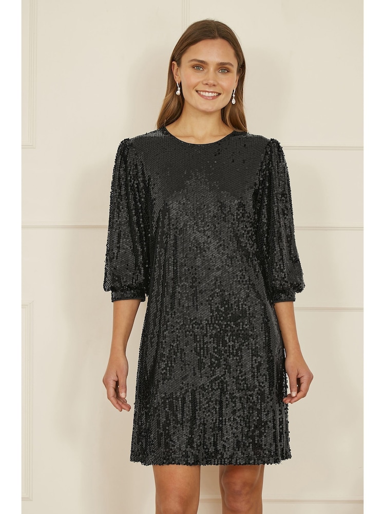 Yumi Black Sequin Tunic Dress With Balloon Sleeves - Image 1 of 4