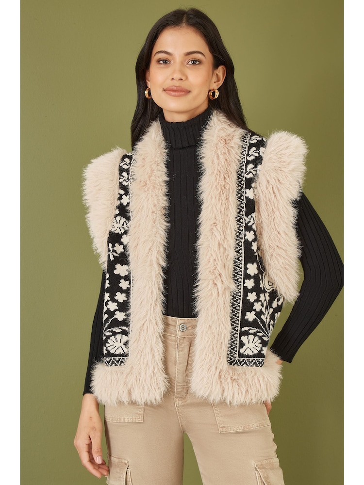 Yumi Black Knitted Folk Faux Fur Trimmed Gilet - Image 1 of 5