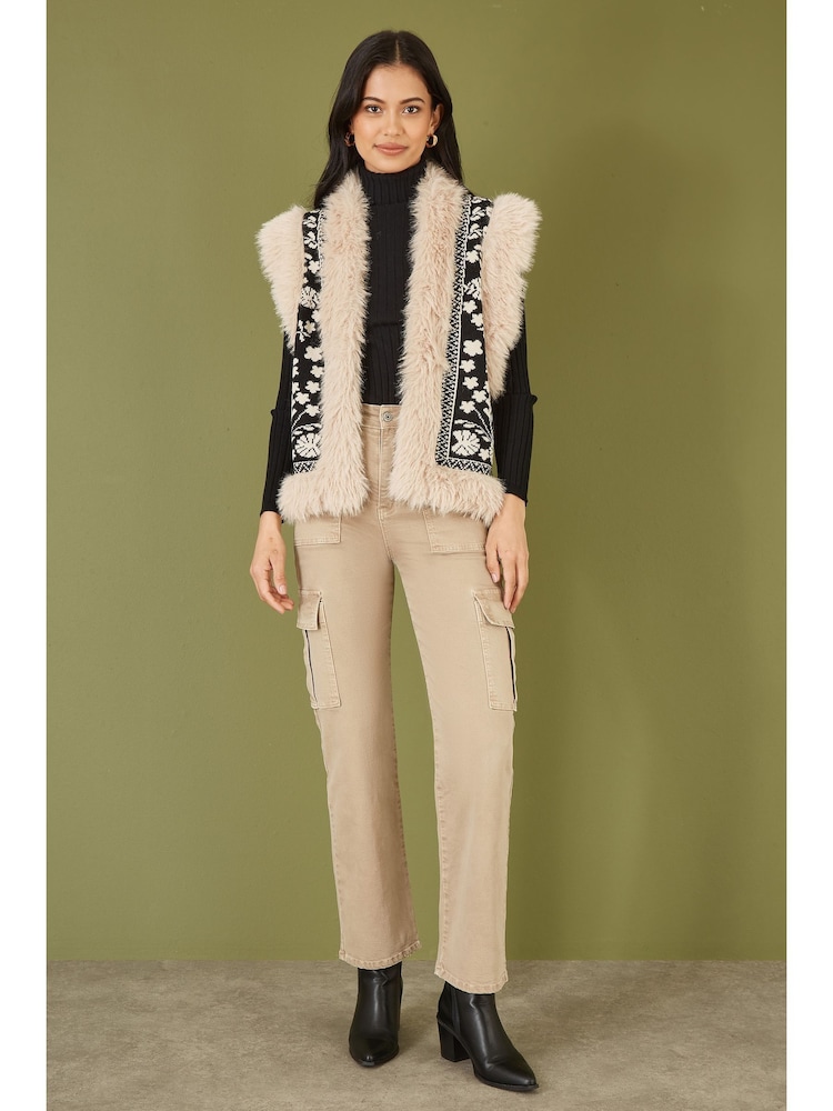 Yumi Black Knitted Folk Faux Fur Trimmed Gilet - Image 2 of 5 Yumi Black Knitted Folk Faux Fur Trimmed Gilet - Image 2 of 5