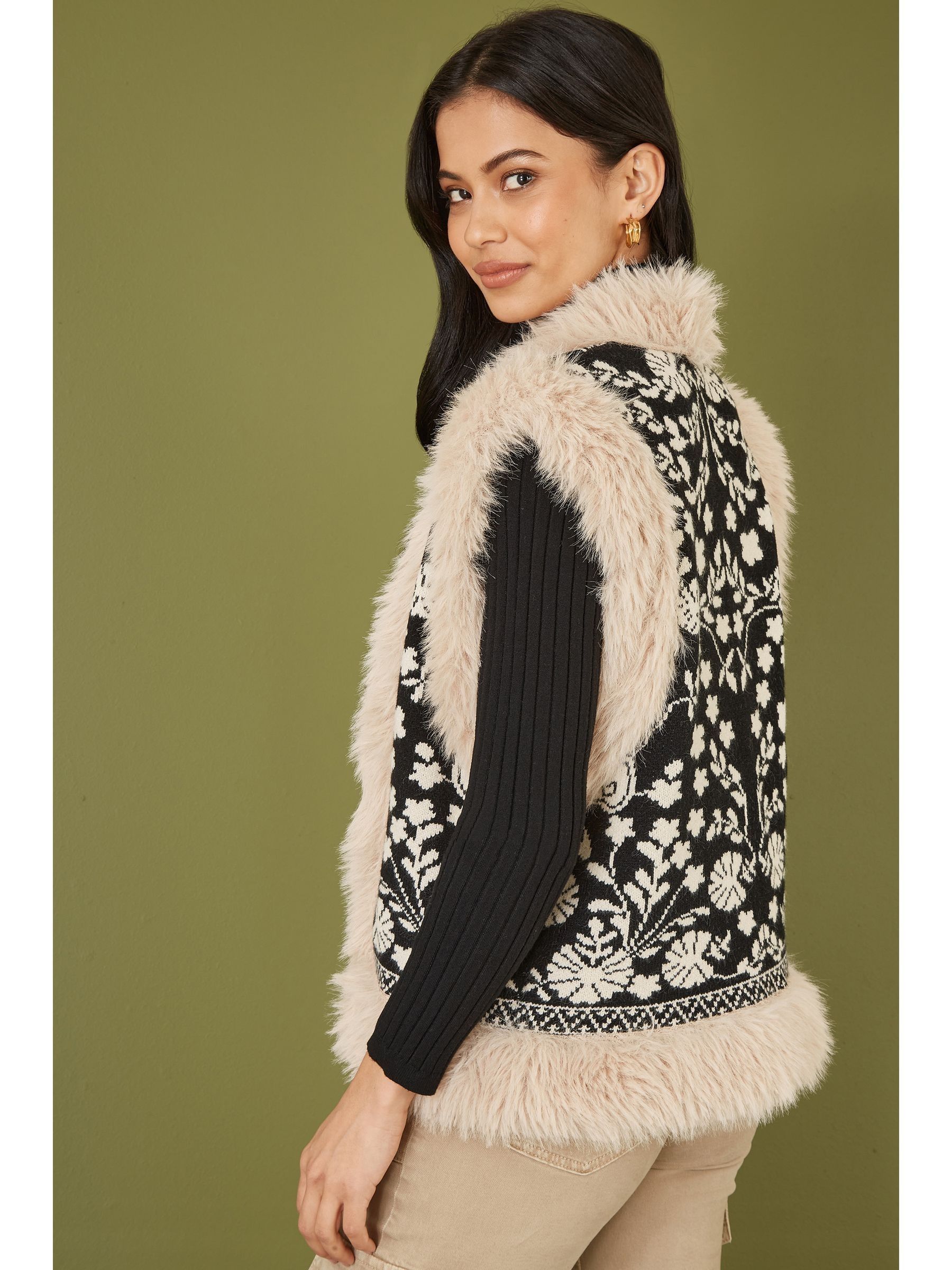 Buy Yumi Black Knitted Folk Faux Fur Trimmed Gilet from the Next UK