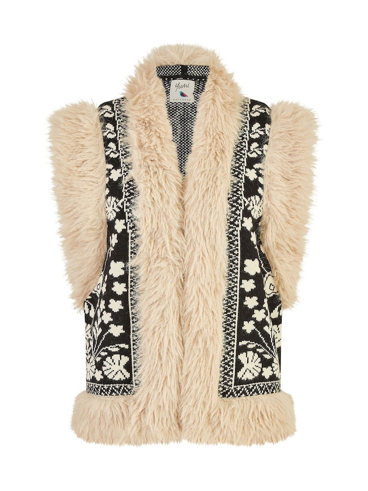 Yumi Black Knitted Folk Faux Fur Trimmed Gilet - Image 5 of 5