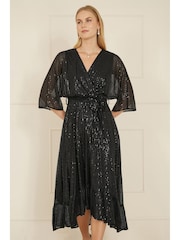 Yumi Black Sequin Kimono Midi Wrap Dress - Image 1 of 4