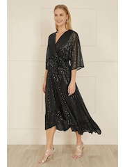 Yumi Black Sequin Kimono Midi Wrap Dress - Image 2 of 4