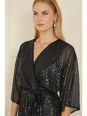 Yumi Black Sequin Kimono Midi Wrap Dress - Image 4 of 4