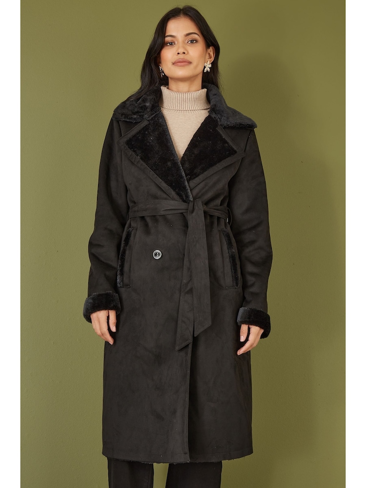 Yumi Black Trench Coat With Faux Fur Lining - Image 1 of 5