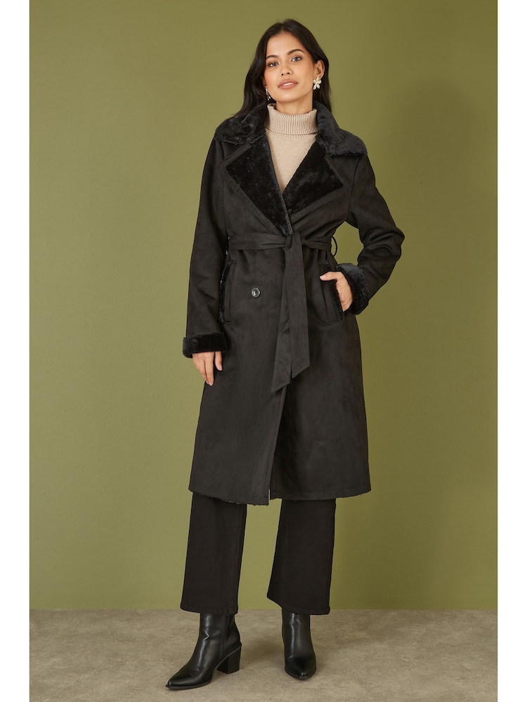Yumi Black Trench Coat With Faux Fur Lining - Image 2 of 5