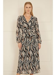 Yumi Black Animal Print Swirl Midi Wrap Dress - Image 1 of 5