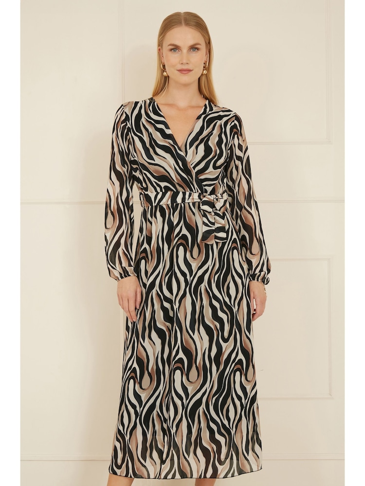 Yumi Black Animal Print Swirl Midi Wrap Dress - Image 1 of 5