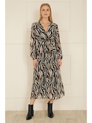 Yumi Black Animal Print Swirl Midi Wrap Dress - Image 2 of 5