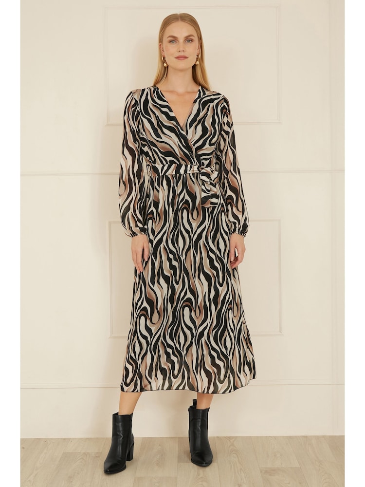 Yumi Black Animal Print Swirl Midi Wrap Dress - Image 2 of 5