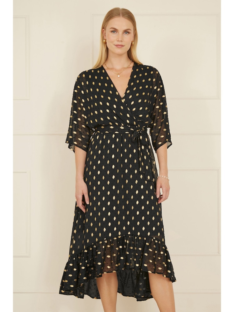 Yumi Black Sequin Kimono Midi Wrap Dress - Image 1 of 4