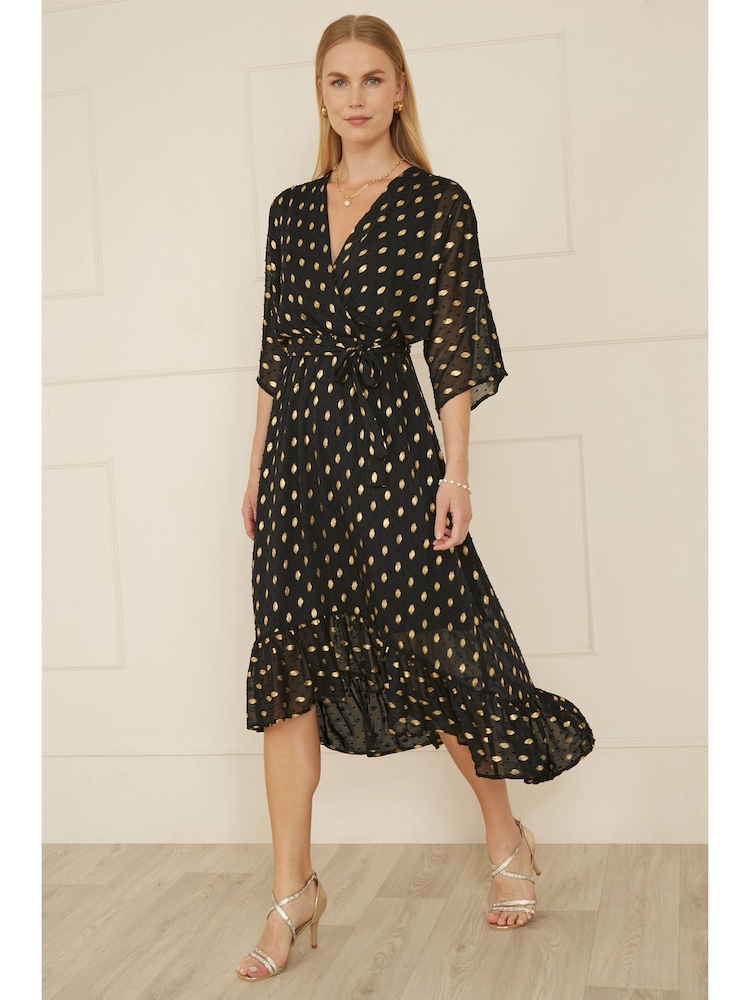 Yumi Black Sequin Kimono Midi Wrap Dress - Image 2 of 4