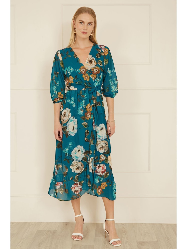 Yumi Watercolour Dip Hem Midi Wrap Dress - Imagen 2 de 5