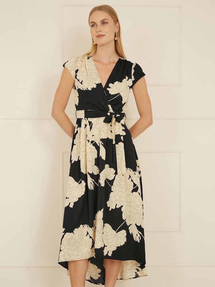 Yumi Black Blossom Print Wrap Midi Dress With Dipped Hem - Image 1 of 5