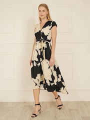 Yumi Black Blossom Print Wrap Midi Dress With Dipped Hem - Image 2 of 5