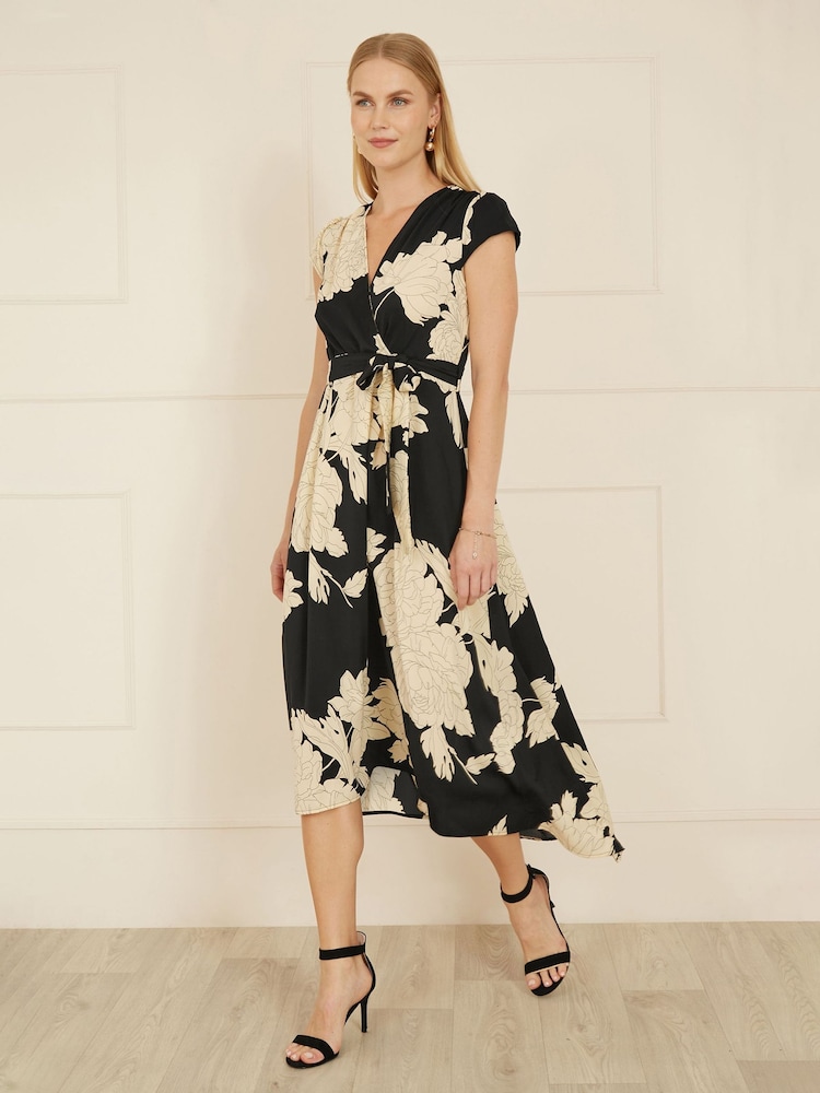 Yumi Black Blossom Print Wrap Midi Dress With Dipped Hem - Image 2 of 5
