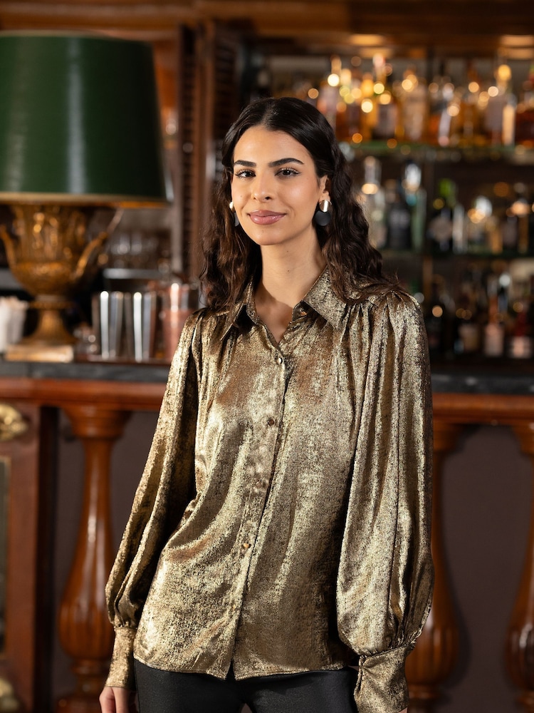 Yumi Metallic Relaxed Balloon Sleeve Shirt - صورة 2 من 4