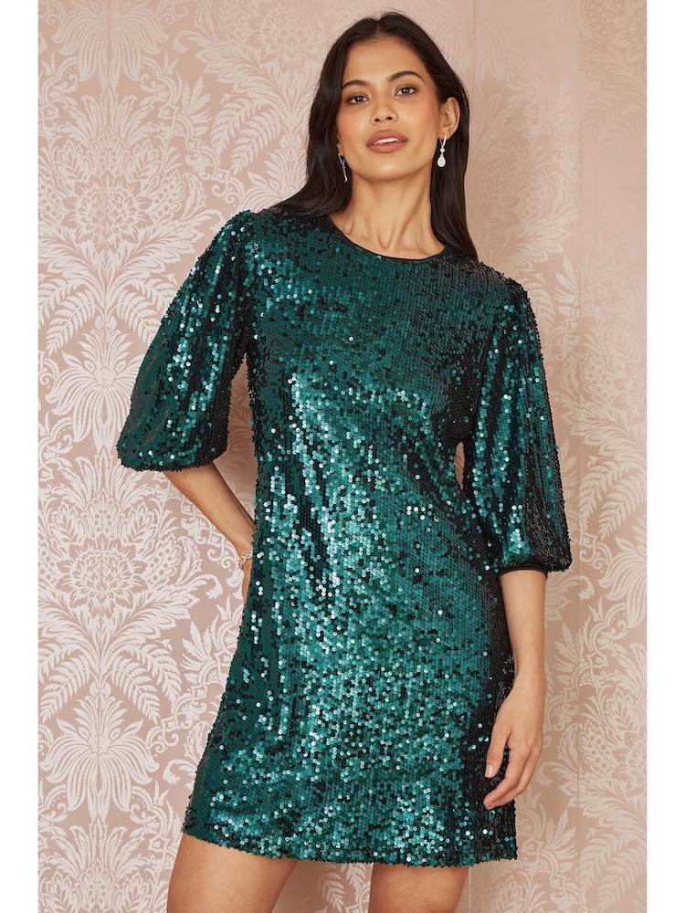 Yumi Green Sequin Tunic Dress With Balloon Sleeves - Image 1 of 4