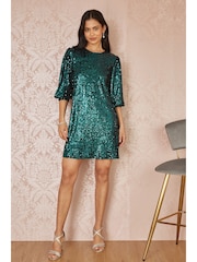 Yumi Green Sequin Tunic Dress With Balloon Sleeves - Image 2 of 4
