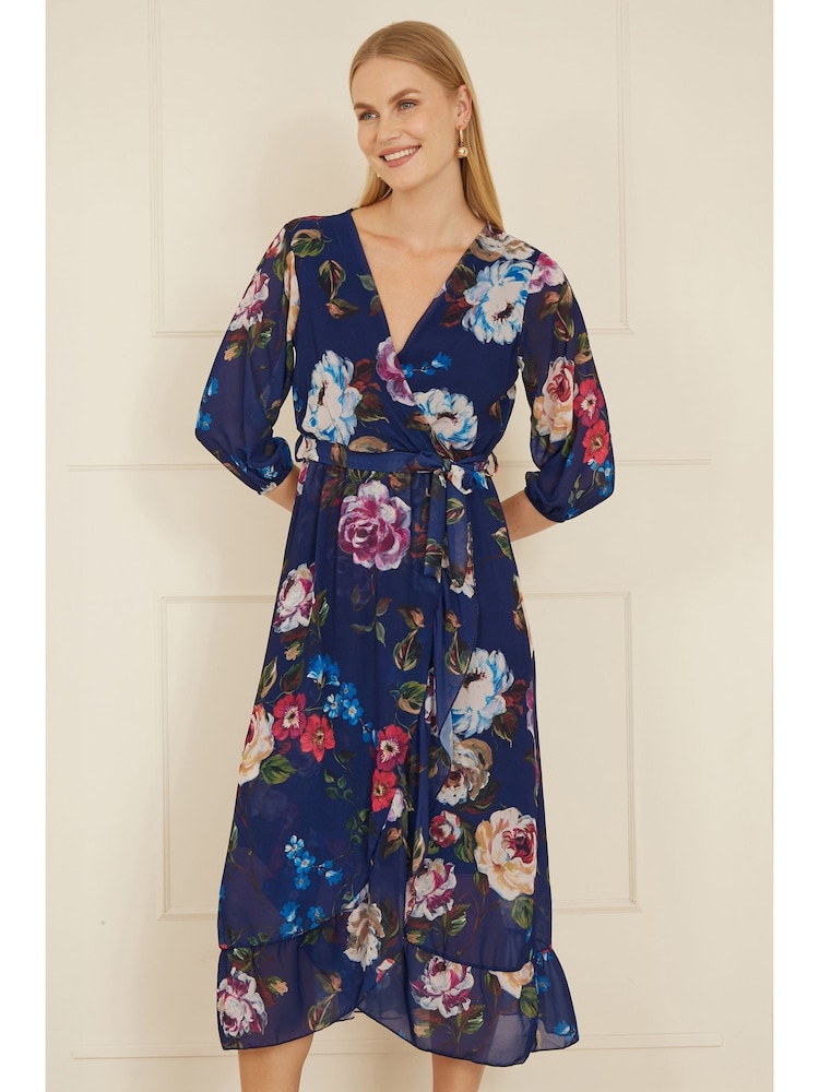 Yumi Dark ue Watercolour Dip Hem Midi Wrap Dress - Image 1 of 5