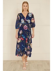 Yumi Dark ue Watercolour Dip Hem Midi Wrap Dress - Image 2 of 5