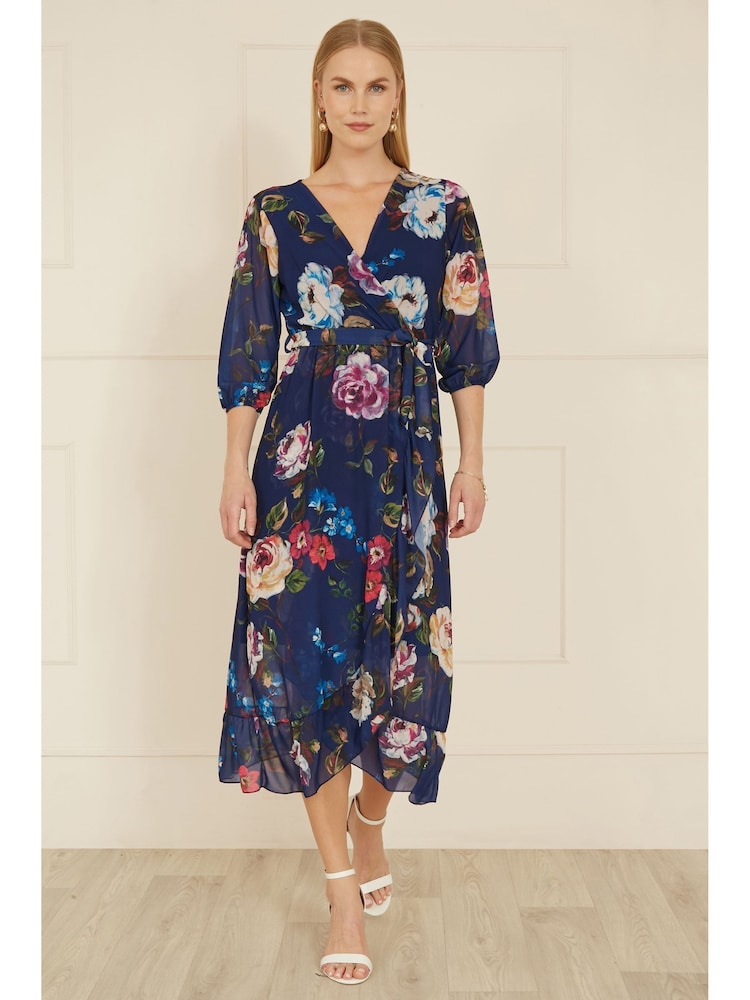 Yumi Dark ue Watercolour Dip Hem Midi Wrap Dress - Image 2 of 5