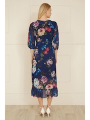 Yumi Dark ue Watercolour Dip Hem Midi Wrap Dress - Image 3 of 5