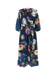 Yumi Dark ue Watercolour Dip Hem Midi Wrap Dress - Image 5 of 5