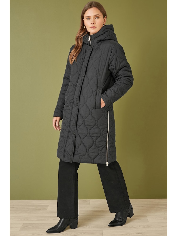 Yumi Black Padded Quilted Long Coat With Zip Detail And Hood - Image 1 of 5