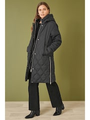 Yumi Black Padded Quilted Long Coat With Zip Detail And Hood - Image 2 of 5
