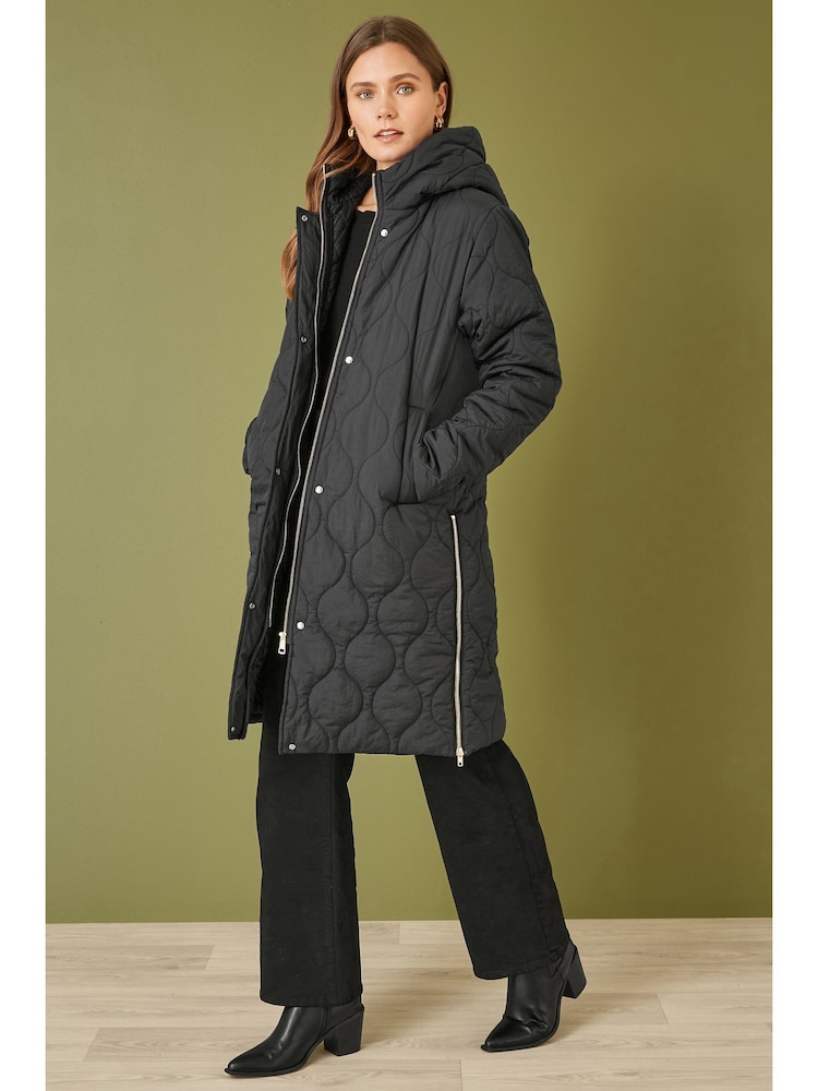 Yumi Black Padded Quilted Long Coat With Zip Detail And Hood - Image 2 of 5