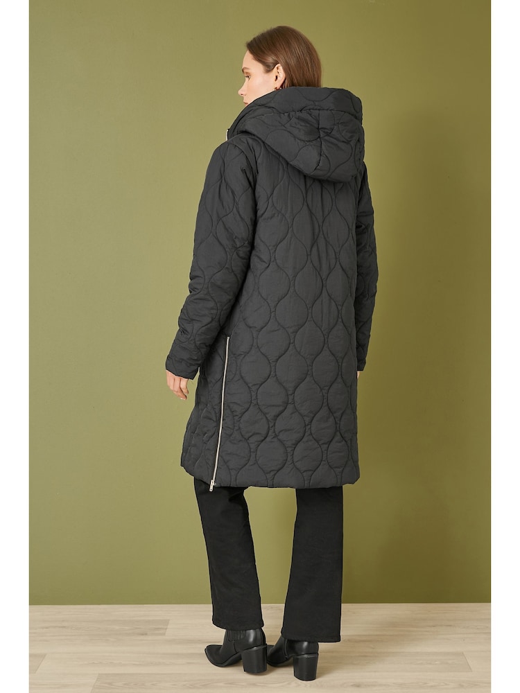 Yumi Black Padded Quilted Long Coat With Zip Detail And Hood - Image 3 of 5