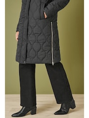 Yumi Black Padded Quilted Long Coat With Zip Detail And Hood - Image 4 of 5