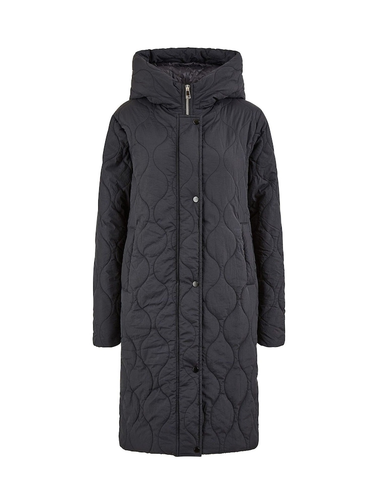 Yumi Black Padded Quilted Long Coat With Zip Detail And Hood - Image 5 of 5