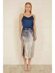 Yumi Blue Sequin Split Fitted Midi Skirt - Image 1 of 3