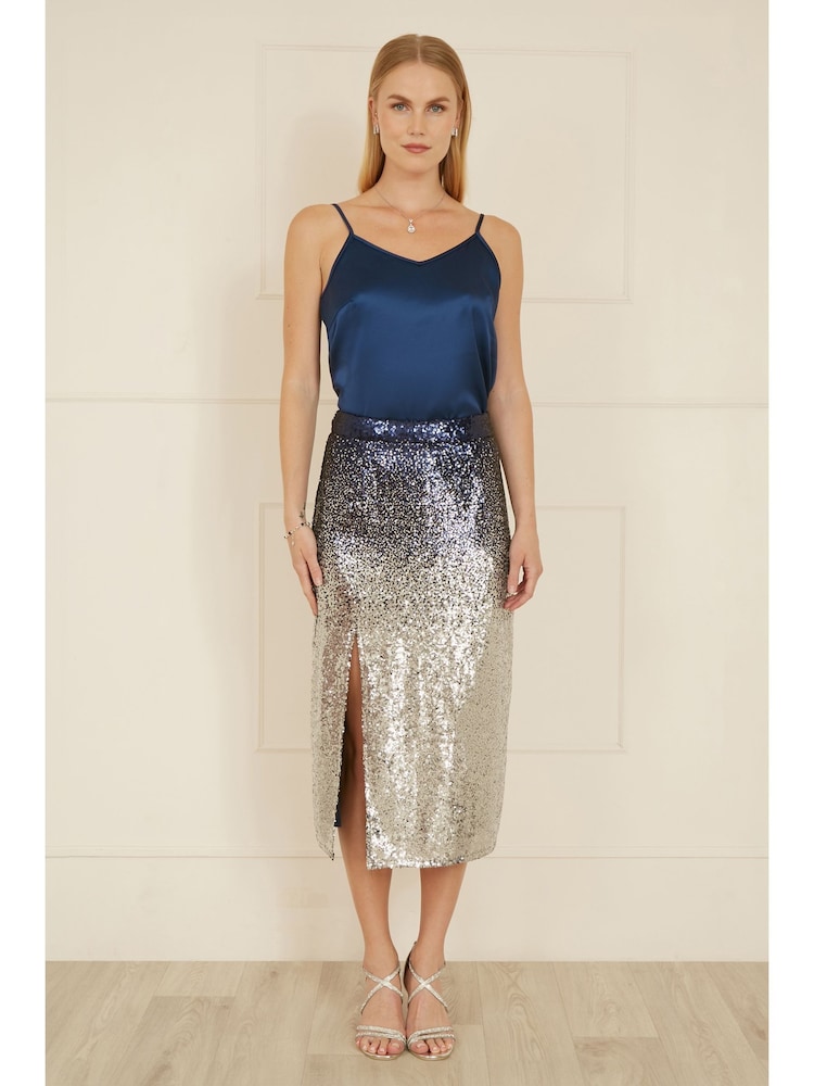 Yumi Blue Sequin Split Fitted Midi Skirt - Image 1 of 3