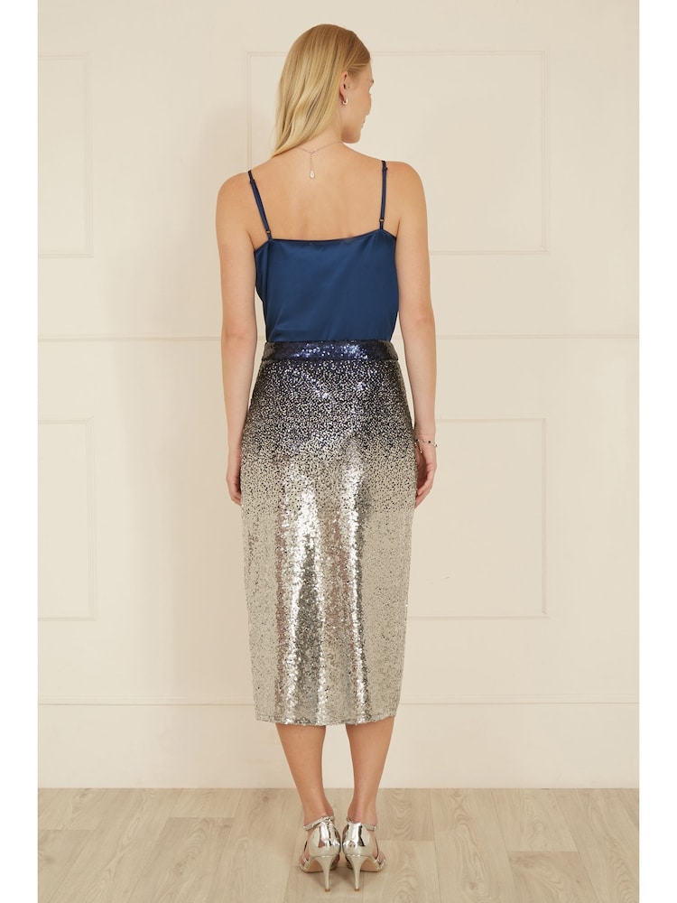 Yumi Blue Sequin Split Fitted Midi Skirt - Image 2 of 3