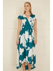 Yumi Green Blossom Print Wrap Midi Dress With Dipped Hem - Image 1 of 5