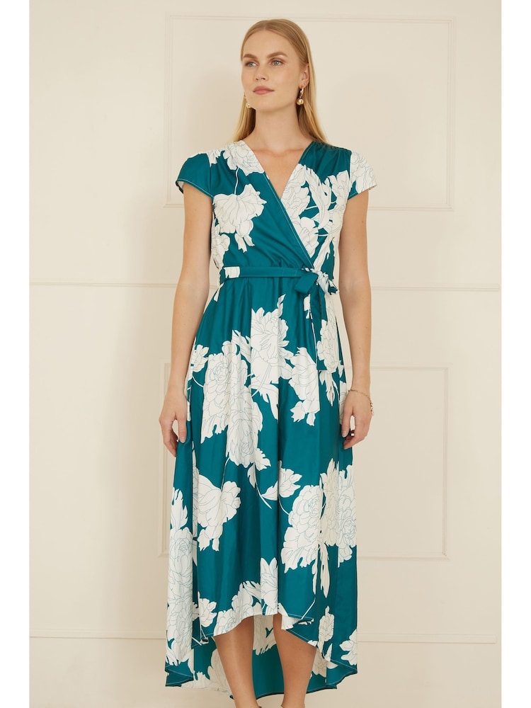 Yumi Green Blossom Print Wrap Midi Dress With Dipped Hem - Image 1 of 5