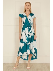 Yumi Green Blossom Print Wrap Midi Dress With Dipped Hem - Image 2 of 5