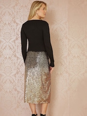 Yumi Black Sequin Split Fitted Midi Skirt - Image 3 of 4