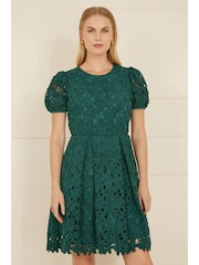 Yumi Green Lace Skater Dress With Puff Sleeves - Image 1 of 5