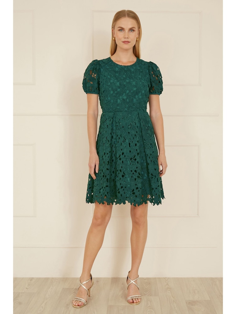 Yumi Green Lace Skater Dress With Puff Sleeves - Image 2 of 5