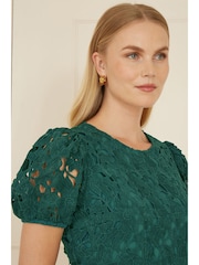 Yumi Green Lace Skater Dress With Puff Sleeves - Image 4 of 5