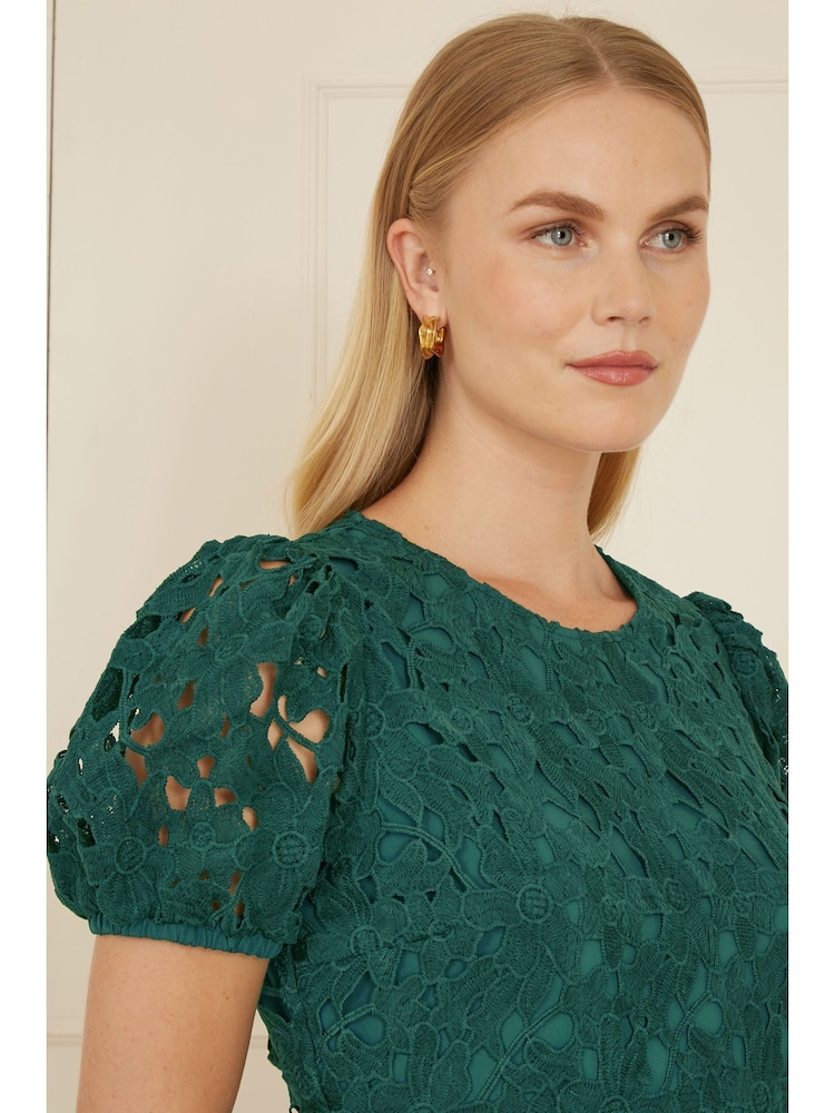 Yumi Green Lace Skater Dress With Puff Sleeves - Green / 14 UK
