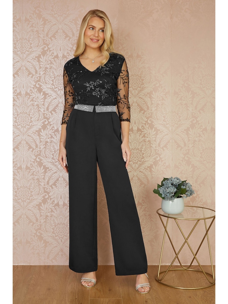 Yumi Black Wide Leg Trousers With Diamante Waistband - Image 1 of 5
