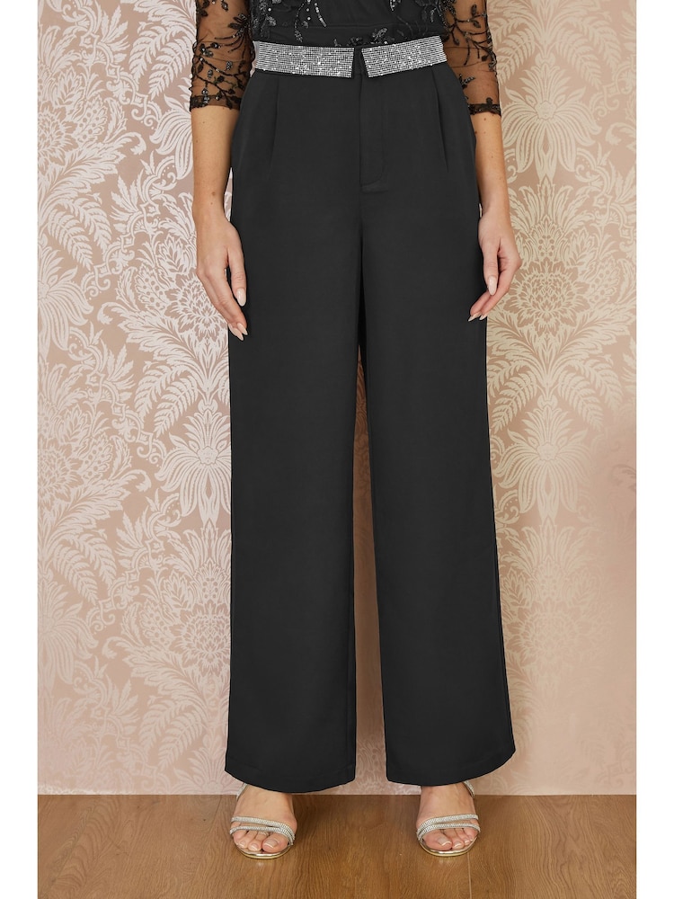 Yumi Black Wide Leg Trousers With Diamante Waistband - Image 2 of 5